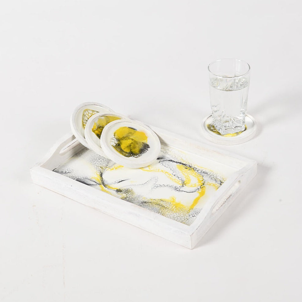Yellow_Mango Wood Set of Tray & 4 Coasters_Caidra Gifting
