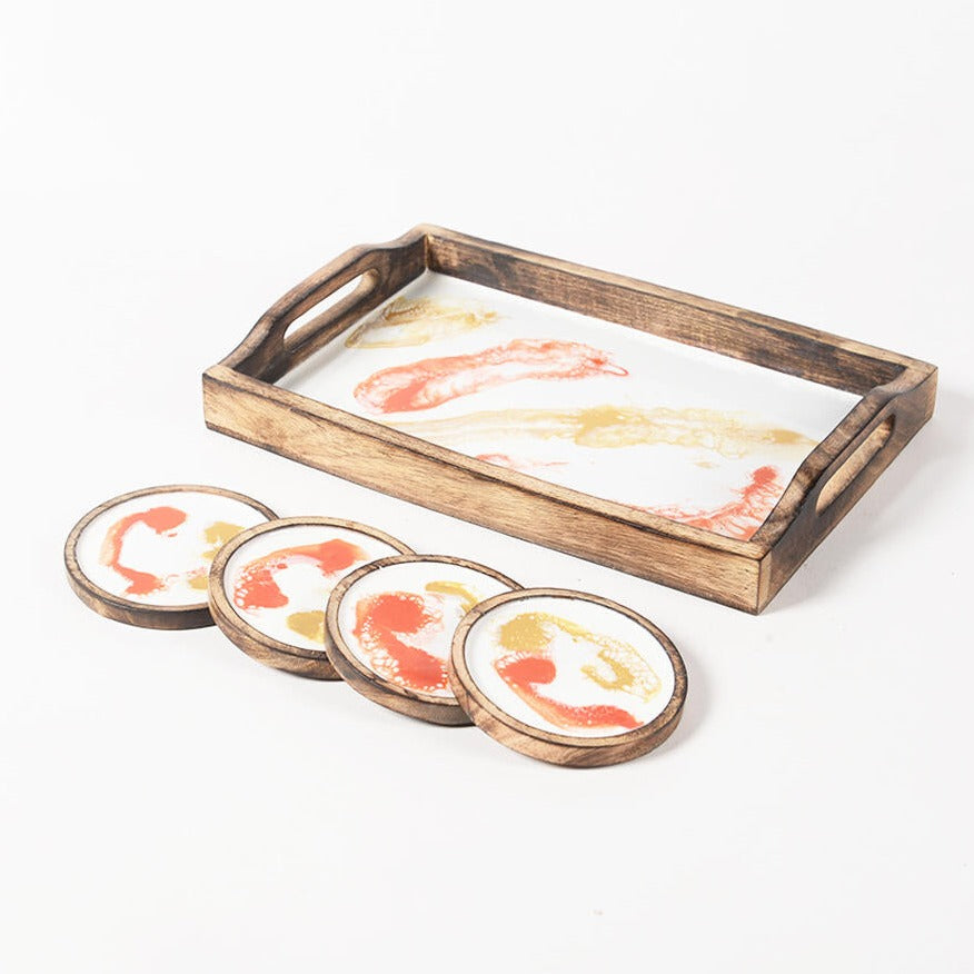 Tangerine_Mango Wood Set of Tray & 4 Coasters_Caidra Gifting