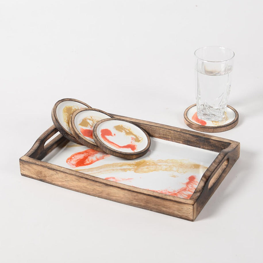 Tangerine_Mango Wood Set of Tray & 4 Coasters_Caidra Gifting