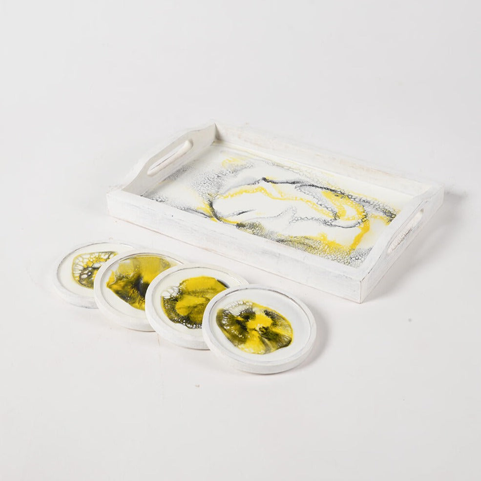 Yellow_Mango Wood Set of Tray & 4 Coasters_Caidra Gifting