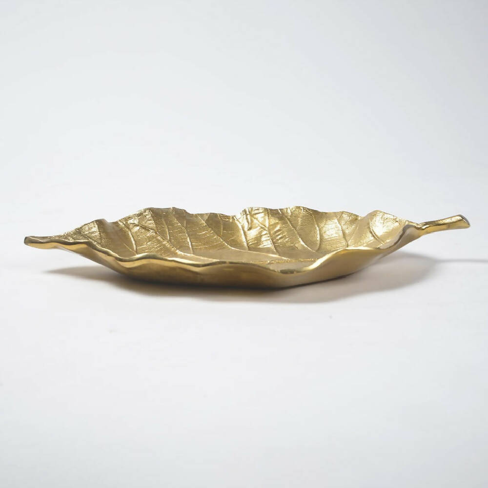 Golden Lacquered Aluminium Decorative Leaf Tray_Caidra by Rubyxx Gifting