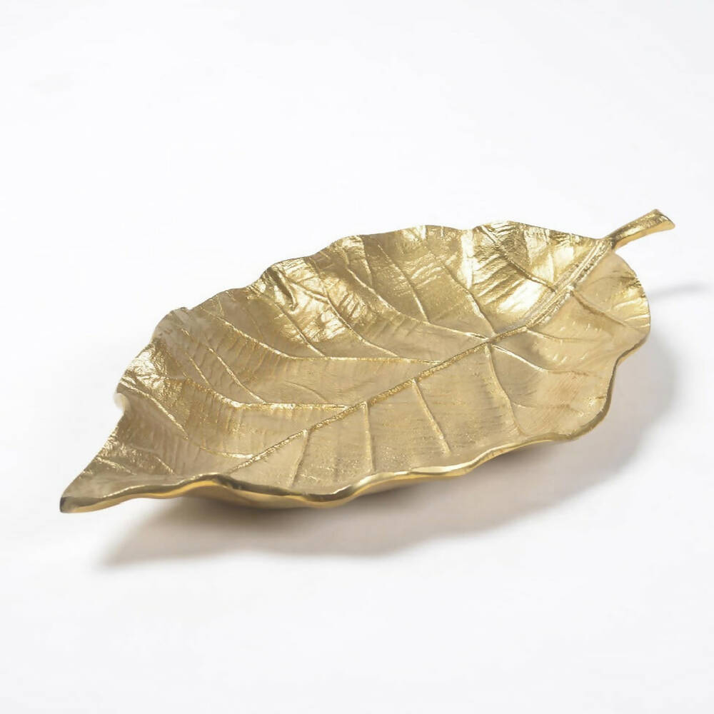 Golden Lacquered Aluminium Decorative Leaf Tray_Caidra by Rubyxx Gifting
