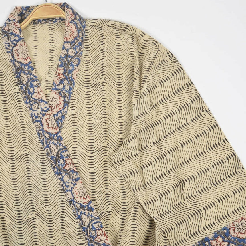 Colt Kimono with Blue Floral Striped Block Print from Caidra Gifting