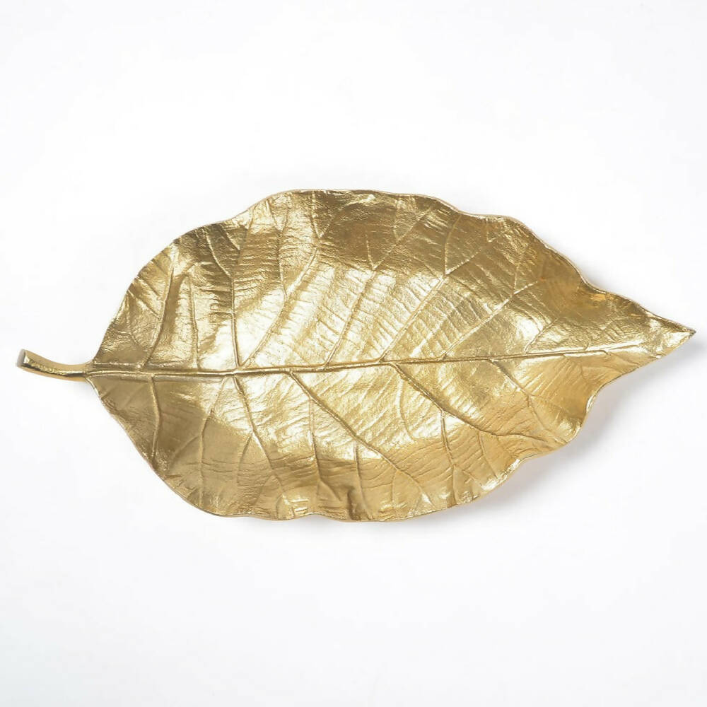 Golden Lacquered Aluminium Decorative Leaf Tray_Caidra by Rubyxx Gifting