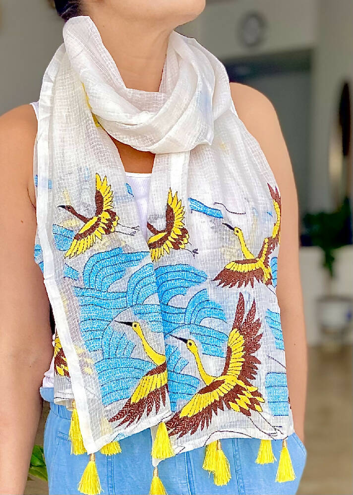 Hand Embroidered Cotton & Silk Scarf from Caidra Gifting