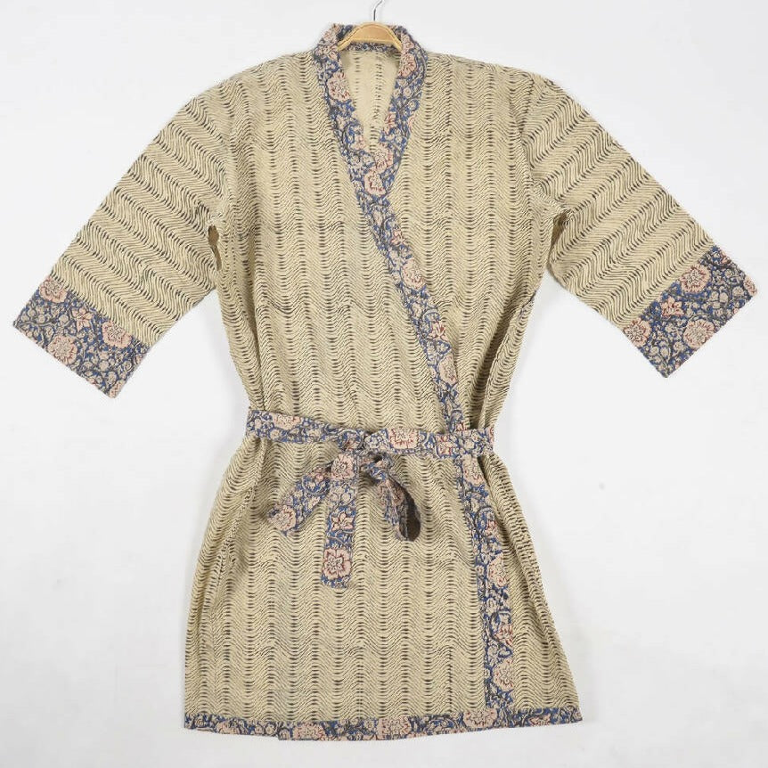 Colt Kimono with Blue Floral Striped Block Print from Caidra Gifting
