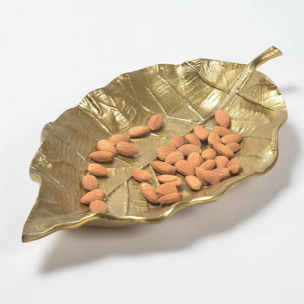 Golden Lacquered Aluminium Decorative Leaf Tray_Caidra by Rubyxx Gifting
