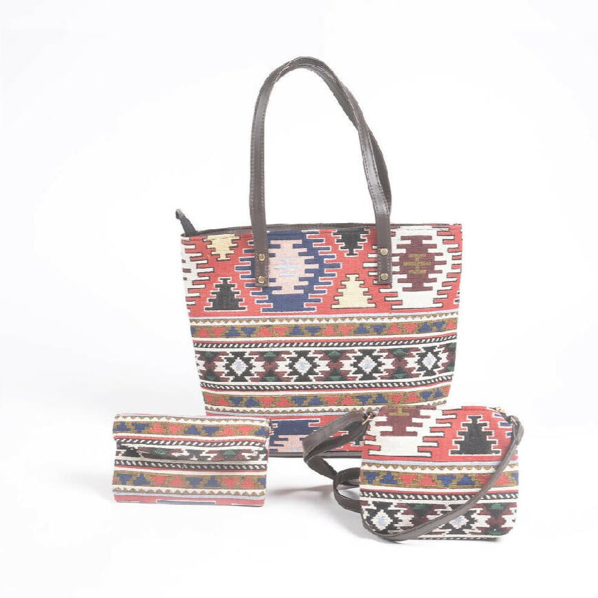 Jacquard Weave Tote, Sling & Wallet Set - Multicolour from Caidra Gifting