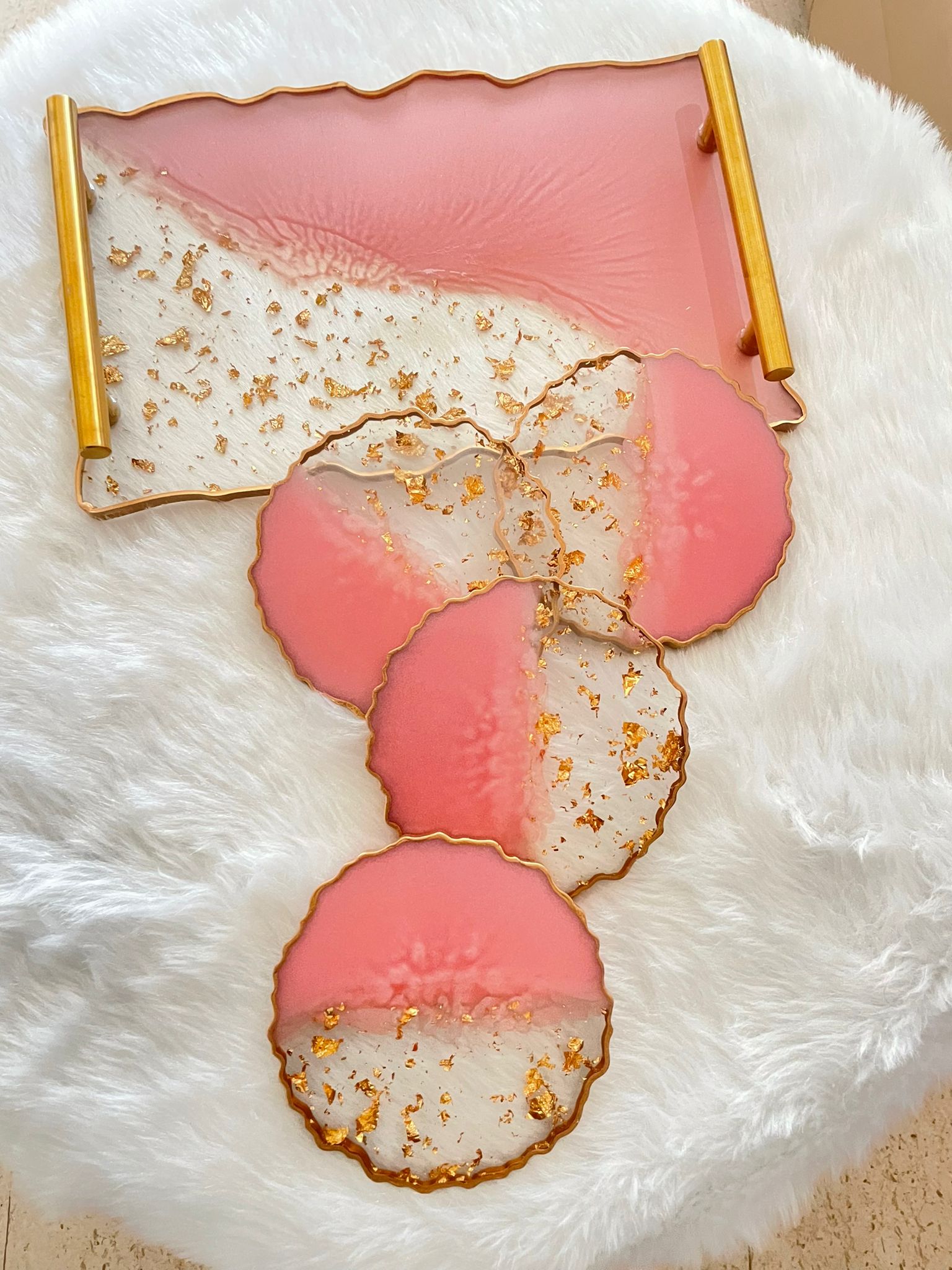 Pink Handmade Decorative Resin Tray & Coaster Set