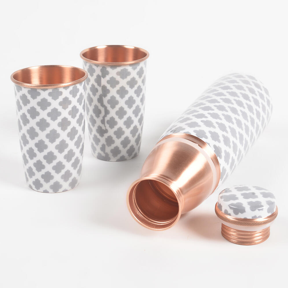 Enamelled Moroccan Portico Copper Bottle & 2 Glasses Set from Caidra Gifting