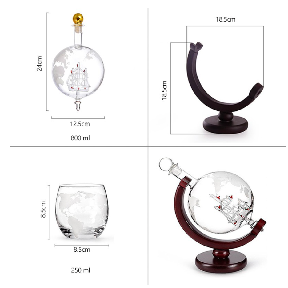 Measurements for Globe Whiskey Decanter With Inner Sailboat & 2 Glasses_Caidra Gifting 