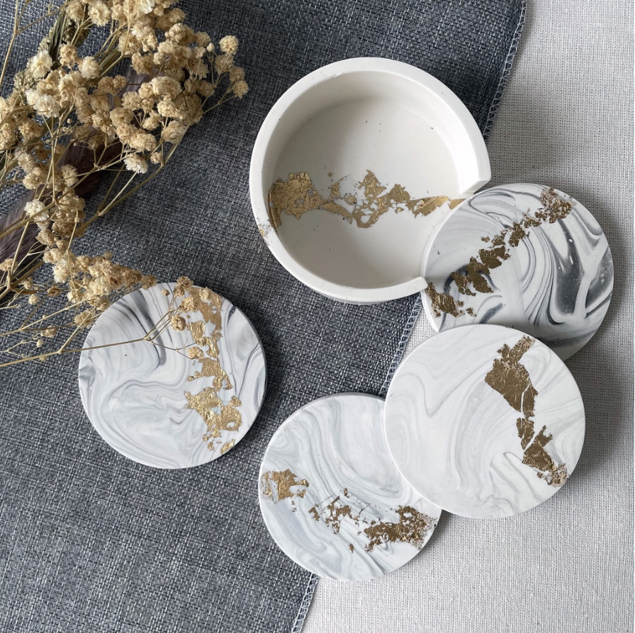 Marble & Gold Foil Personalised Jesmonite Coaster Set_Caidra by Rubyxx Gifting 