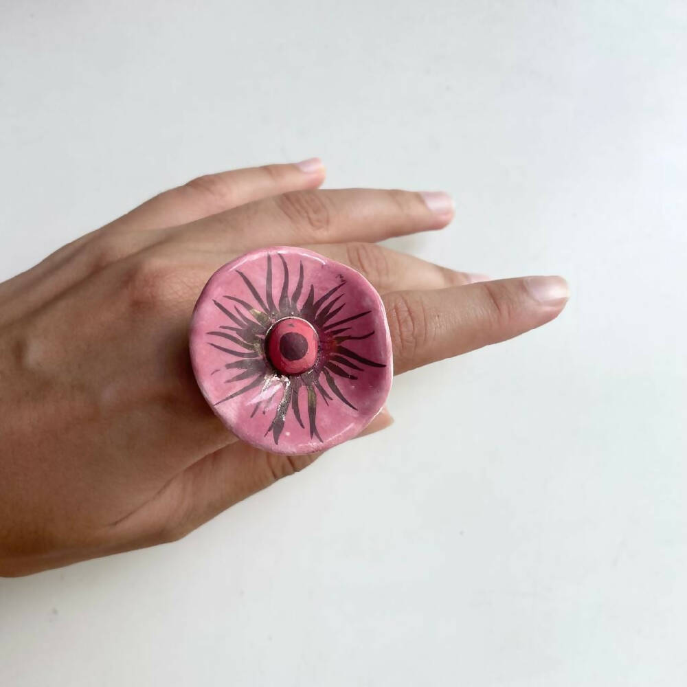 Pink Handmade Glazed Ceramic Mad Hatter's Ring from Caidra Gifting 