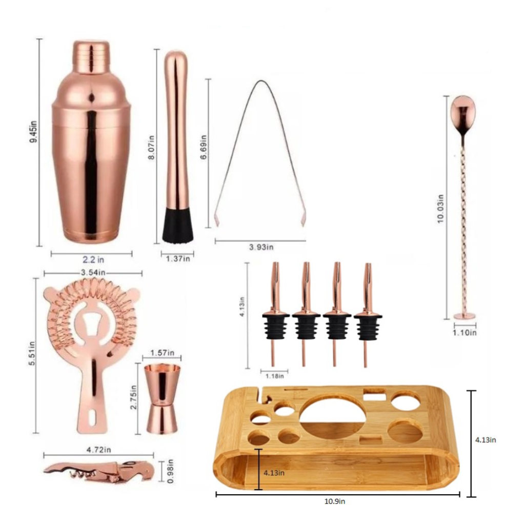 Dimensions of the 12 Pcs Cocktail Shaker & Bartender Tools Set from Caidra Gifting 