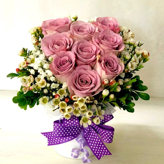 Valentine Purple Heart Bouquet with 9 Pink Roses _ Caidra by Rubyxx Gifting 