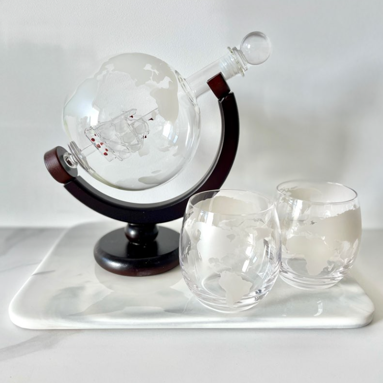 Globe Whiskey Decanter With Inner Sailboat & 2 Glasses_Caidra Gifting 