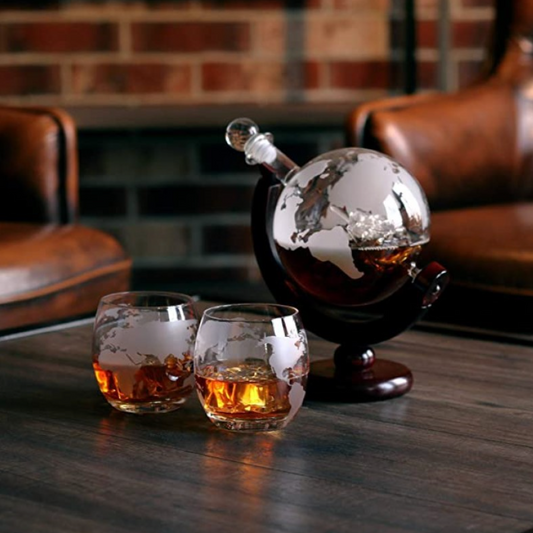 Globe Whiskey Decanter With Inner Sailboat & 2 Glasses _gift for Men_Caidra Gifting 