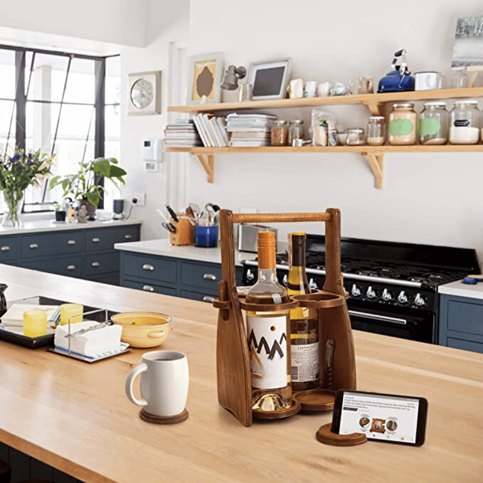 Wine Bottle & Glasses, Beer Caddy With Phone Holder in Kitchen Setting _Caidra Gifting 