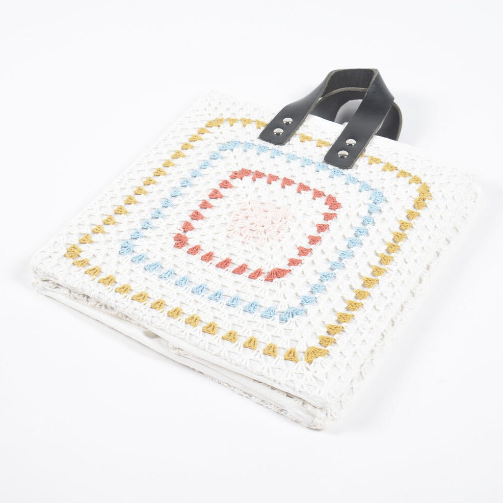 Collapsed view of Crochet Square Cotton Foldable Storage Hamper_multicolour_Caidra by Rubyxx Gifting 