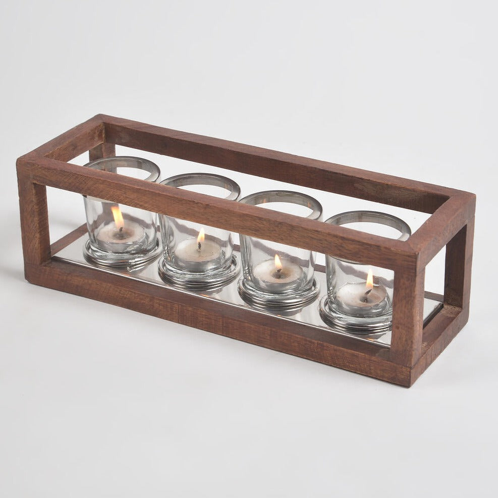 Classic Four Glass Tea Light Holders With Wooden Frame_Caidra by Rubyxx Gifting 