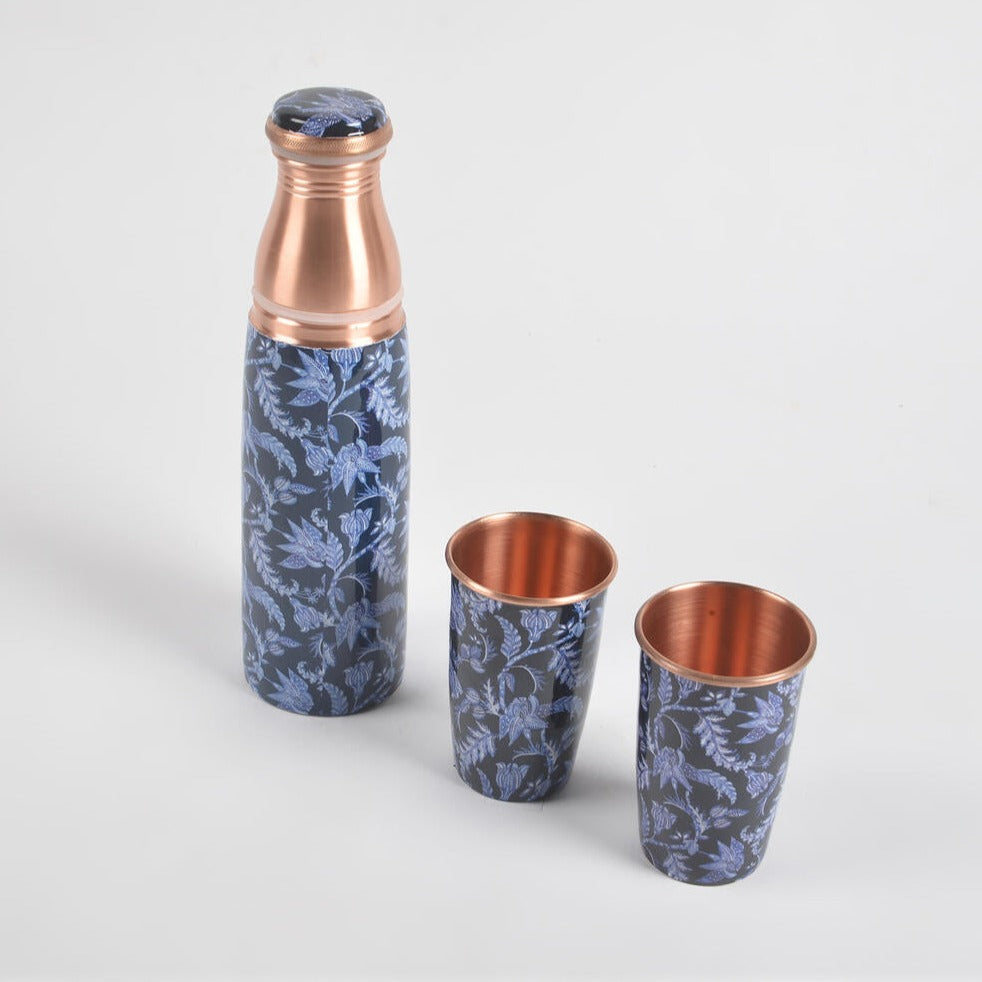 Enamelled Midnight Blue Copper Bottle & 2 Glasses Set from Caidra by Rubyxx Gifting