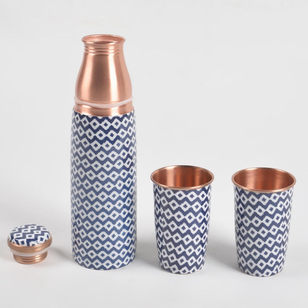 Enamelled Blue Diamond Pattern Copper Bottle & 2 Glasses Set from Caidra Gifting