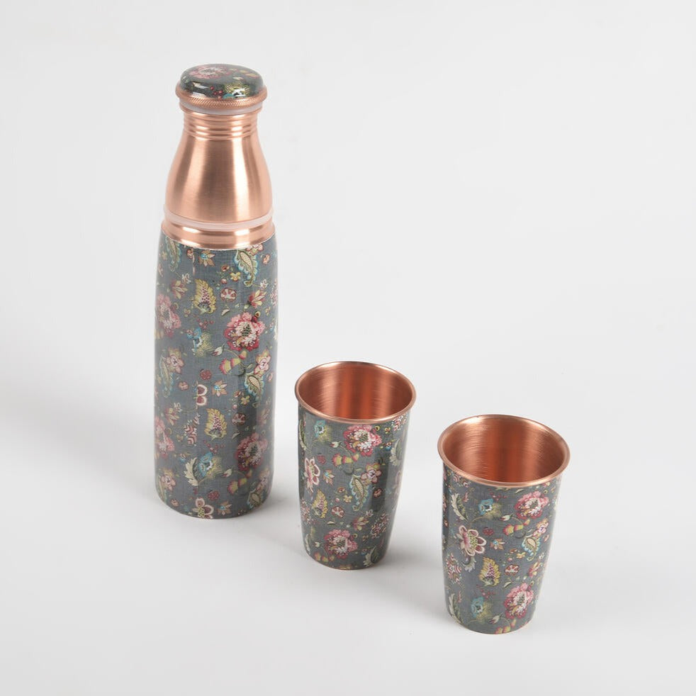 Enamelled - Copper Bottle & 2 Glasses Set - Earthy Meadow from Caidra Gifting 