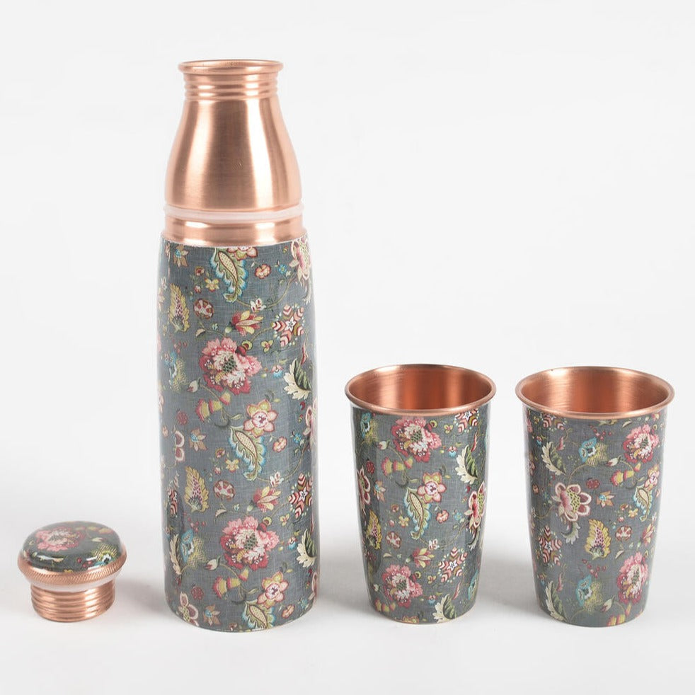 Enamelled - Copper Bottle & 2 Glasses Set - Earthy Meadow from Caidra Gifting 