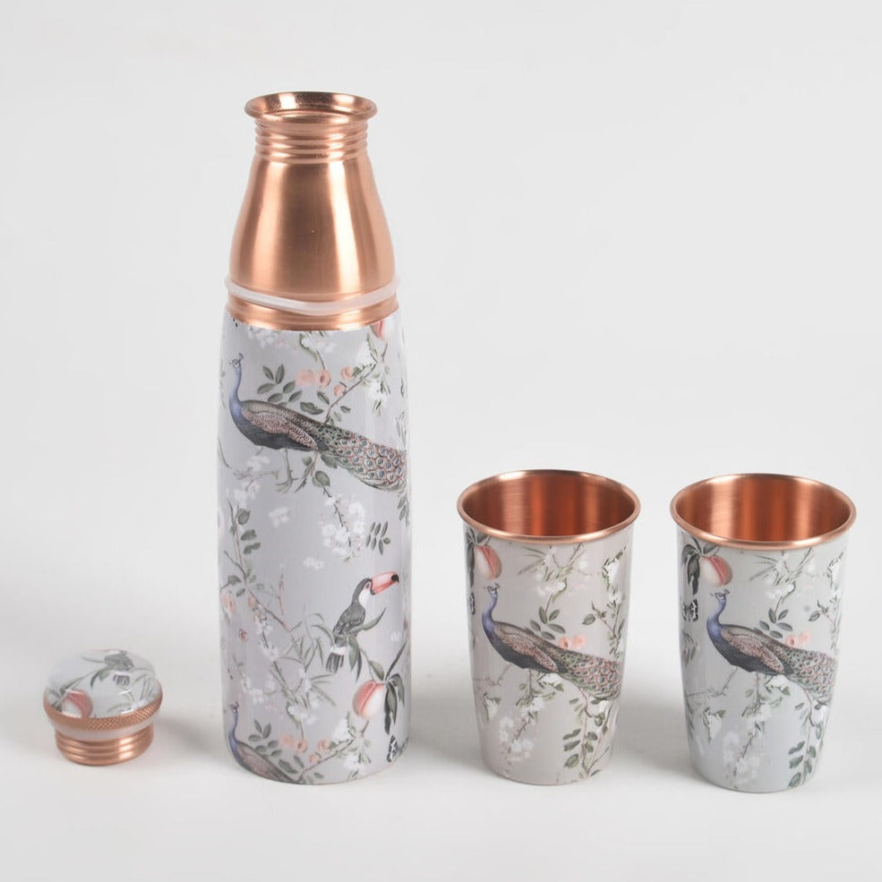 Enamelled Peacock & Hornbill Copper Bottle & 2 Glasses Set from Caidra Gifting 
