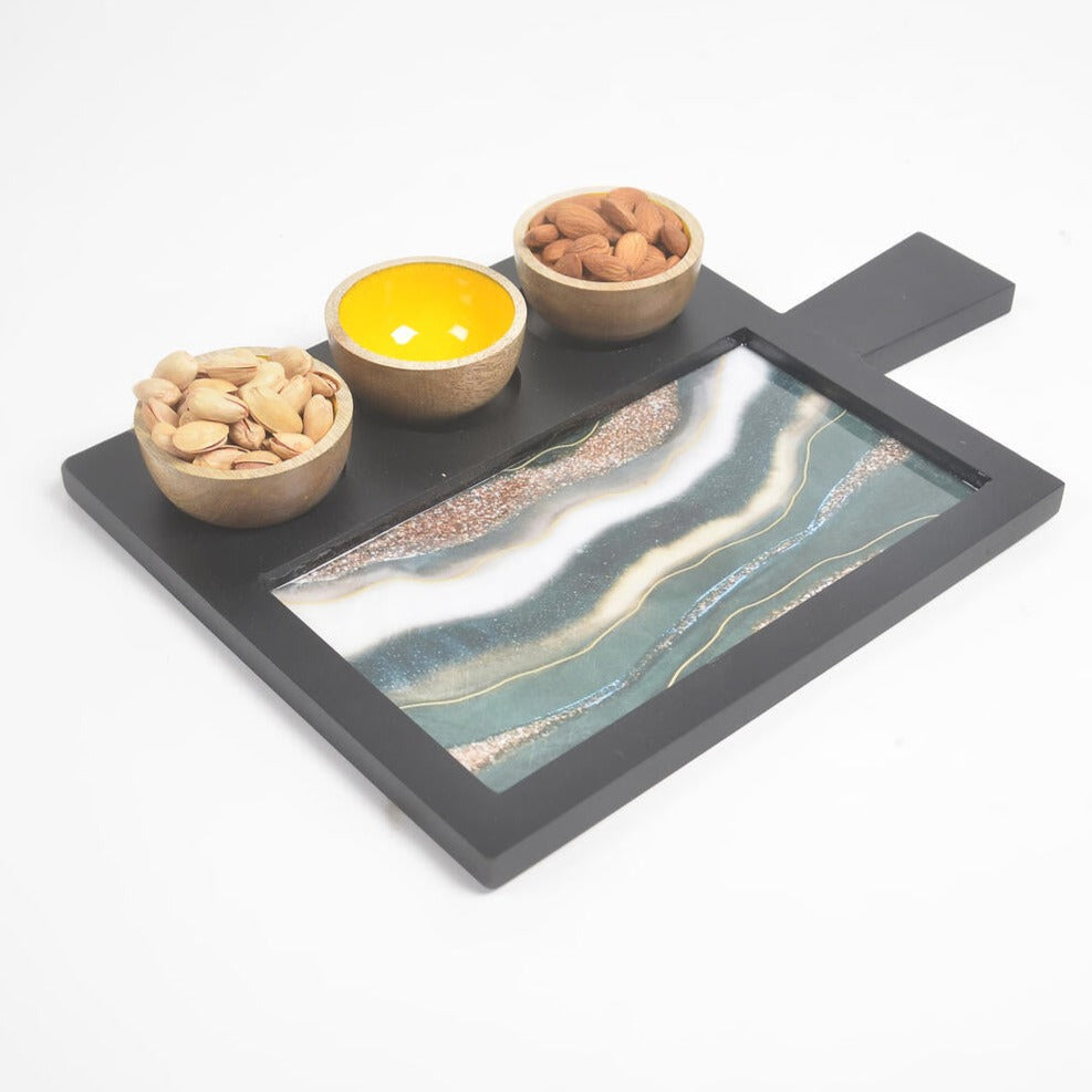 Contrasting Abstract Art Wood & Resin Serving Platter w/ 3 Bowls from Caidra by Rubyxx Gifting 