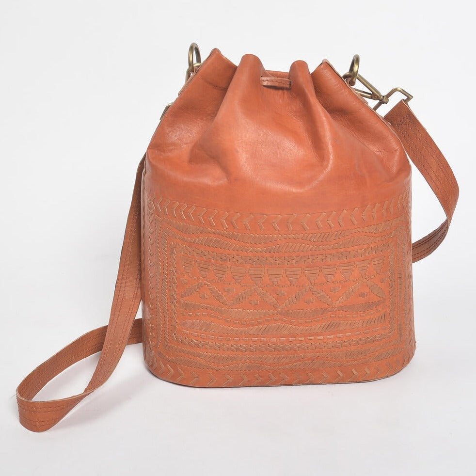 Kutch Leather Tan Drawstring Bucket Bag from Caidra Gifting 