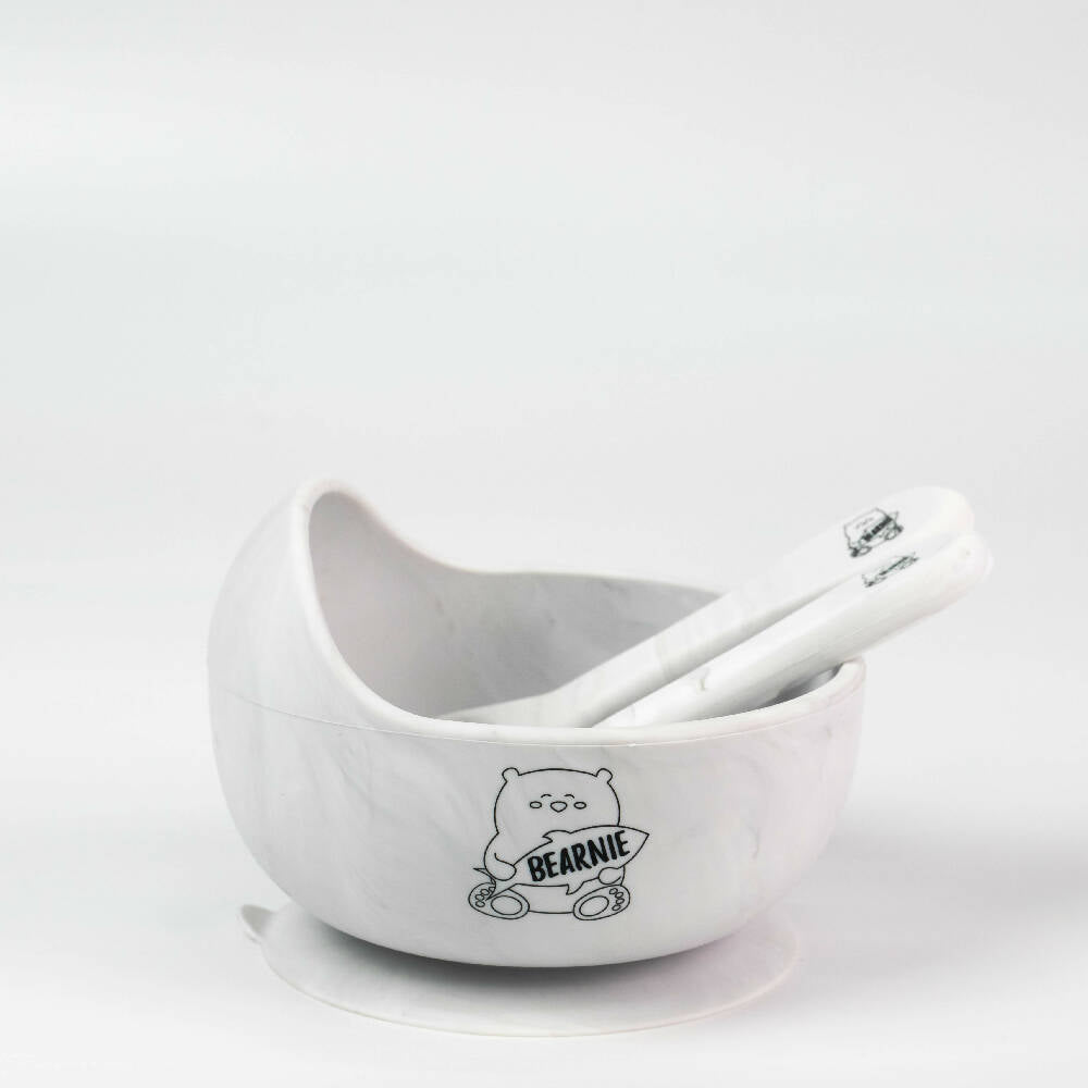 Marble White Highback Silicone Bowl & Utensils Feeding Set_Caidra by Rubyxx Gifting